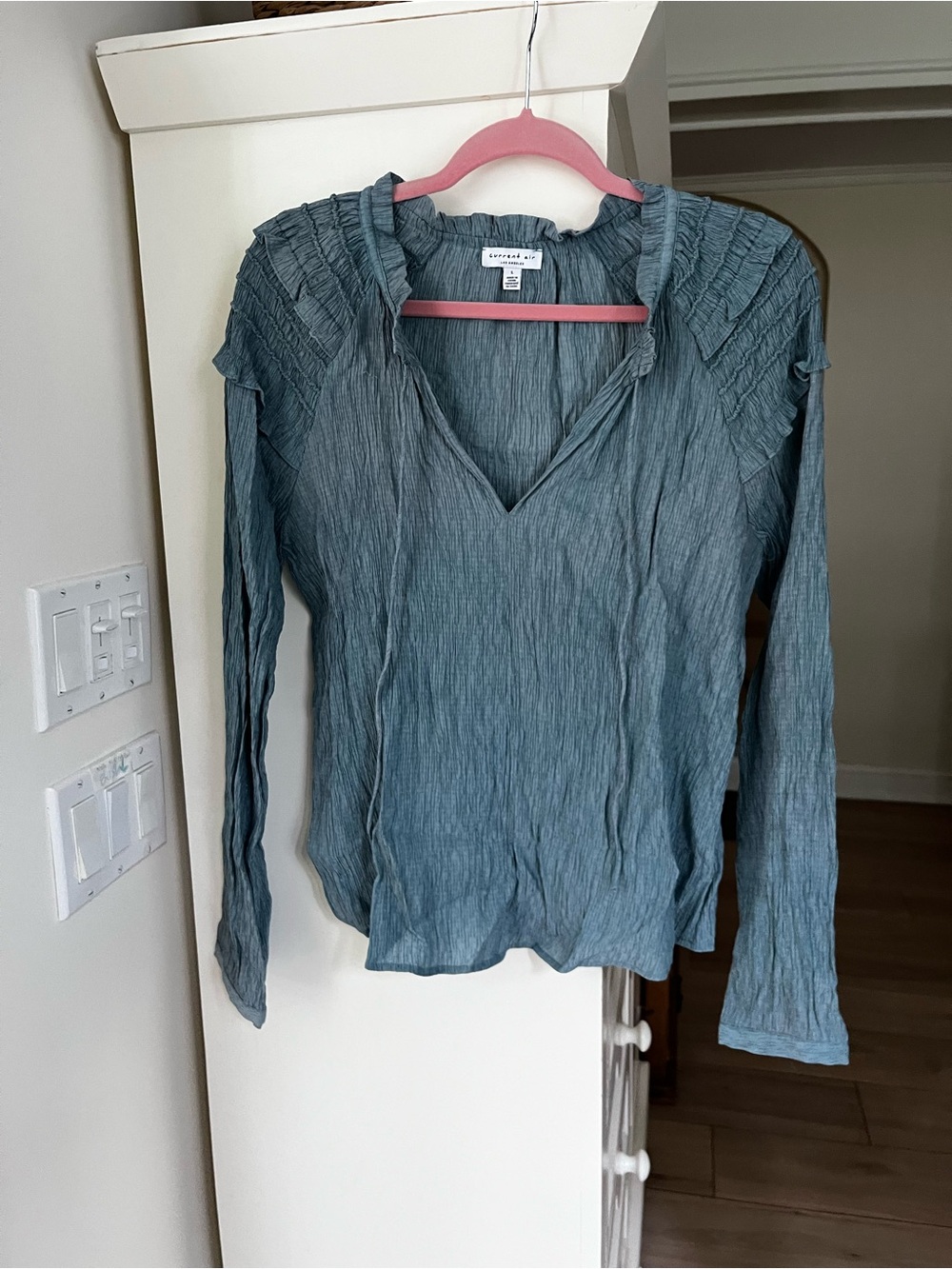 Women’s cute Crinkle Long-Sleeve V-Neck Top - Coastal Seagreen L going out top
